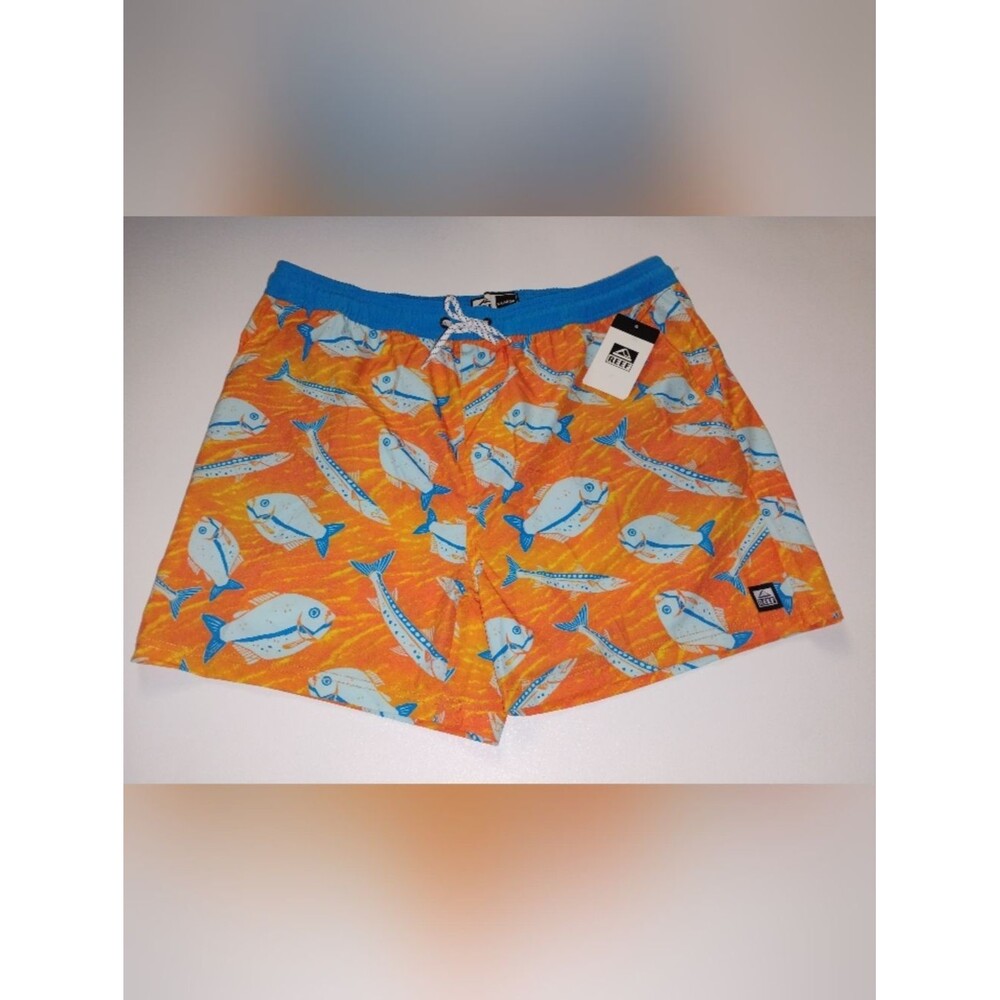Reef Men’s Orange Swim Trunks with Blue Fish Print XL New
